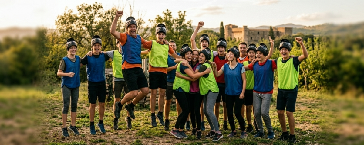 Ragazzi che festeggiano dopo un’attività outdoor di gruppo con protezioni e caschi in un parco avventura