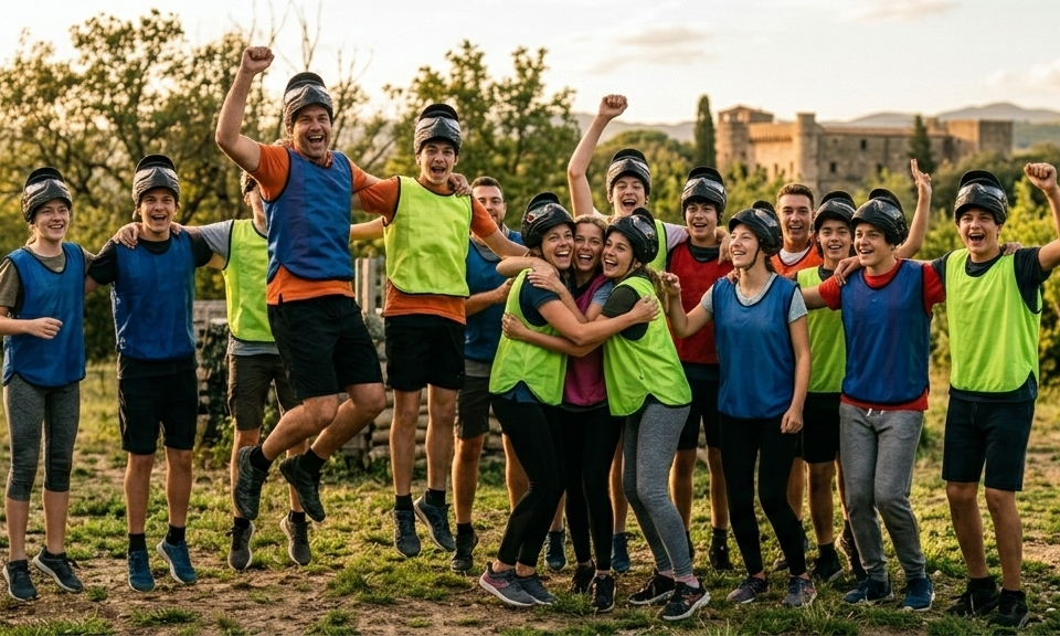 Ragazzi che festeggiano dopo un’attività outdoor di gruppo con protezioni e caschi in un parco avventura